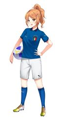  1girl absurdres aquila_(kancolle) ball breasts brown_eyes brown_hair euro_2020 full_body highres italian italian_flag italy kantai_collection looking_at_viewer soccer soccer_ball soccer_uniform sportswear tagme transparent_background 