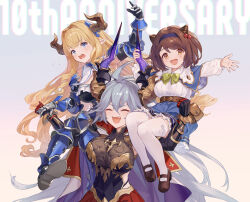  3girls :d ^_^ anniversary arm_up armored_boots bare_shoulders belt belt_buckle blonde_hair blue_capelet blue_eyes blue_hairband blue_skirt blush boots bow breasts brown_belt brown_eyes brown_footwear brown_hair buckle capelet closed_eyes commentary_request draph flying_sweatdrops frilled_skirt frills gauntlets granblue_fantasy green_bow grey_background grey_hair hair_between_eyes hairband highres horns large_breasts long_hair long_sleeves medium_breasts multiple_girls open_mouth outstretched_arm pleated_skirt puffy_long_sleeves puffy_sleeves razia red_skirt shirt shoe_soles shoes sitting_on_shoulder skirt smile thighhighs threo_(granblue_fantasy) u_jie v-shaped_eyebrows very_long_hair white_shirt white_thighhighs yaia_(granblue_fantasy) 