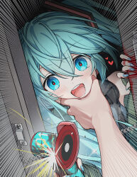 1girl 1other :d absurdres angle_grinder aqua_eyes aqua_hair blood blood_on_hands blood_on_wall blush broken broken_chain chain door door_chain emphasis_lines hair_ornament hatsune_miku heart highres holding hymgkamui looking_at_viewer meme open_door open_mouth pov pov_cheek_grabbing_(meme) saw smile solo_focus teeth tongue twintails vocaloid yandere 