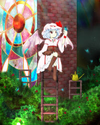  1girl bat_wings blue_butterfly blue_hair boots brown_footwear bug butterfly butterfly_on_hand closed_mouth collared_dress dress flower hat hat_ribbon highres insect ladder light_blue_hair medinki mob_cap official_style pink_dress pink_hat pink_wings red_eyes red_flower red_ribbon red_rose remilia_scarlet ribbon rose rose_bush short_hair solo stepladder touhou watering_can wide_sleeves wings zun_(style) 