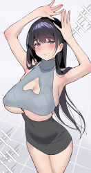  1girl absurdres armpits arms_up bare_arms bare_shoulders black_hair black_skirt blue_eyes blush breasts cleavage_cutout closed_mouth clothing_cutout commentary_request covered_navel crop_top highres inushima large_breasts long_hair looking_at_viewer mature_female mole mole_under_mouth original skindentation skirt smile solo underboob 