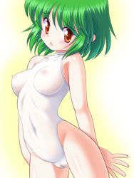  1girl blush breasts cleft_of_venus green_hair medium_breasts nipples one-piece_swimsuit open_mouth orange_eyes see-through short_hair solo swimsuit tanuki_yousuke uncensored white_one-piece_swimsuit  rating:Questionable score:20 user:danbooru