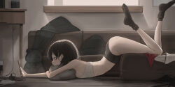  1girl arched_back ass black_hair black_panties black_socks bra breast_press breasts cellphone charger charging_device couch electrical_outlet feet_up from_side genek highres hugging_object indoors looking_at_phone lying on_stomach original panties phone pillow pillow_hug short_hair sideboob small_breasts smartphone socks solo stuffed_animal stuffed_toy teddy_bear top-down_bottom-up underwear unworn_clothes white_bra  rating:Sensitive score:63 user:danbooru