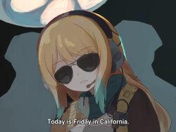  1girl absurdres blonde_hair blue_eyes blue_hair breasts commission commissioner_upload gradient_hair headset highres indie_virtual_youtuber long_hair looking_at_viewer medium_breasts meme mishiado multicolored_hair non-web_source open_mouth skeb_commission solo sunglasses today_is_friday_in_california_(meme) zeta_(vtuber) 