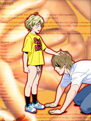  2boys age_difference blonde_hair blush bottomless bowing flaccid food francine_(daijaemon) holding_head humiliation kneeling multiple_boys penis sausage sexually_suggestive shirt shoes shota small_penis smaller_dominant sneakers t-shirt tagme text_focus uncensored yaoi  rating:Explicit score:80 user:awafu