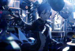  1boy anniversary balloon black_gloves blue_eyes blue_hair checkered_clothes decorations gloves hair_between_eyes hat heiwa_(murasiho) highres holding holding_balloon indoors kaito_(vocaloid) looking_at_viewer male_focus open_mouth reaching reaching_towards_viewer ribbon smile solo stuffed_toy top_hat upper_body vocaloid  rating:Sensitive score:1 user:1an3der2son3