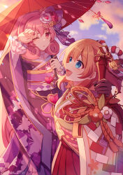 2girls absurdres animal_print blue_eyes butterfly_print curly_hair flower hair_between_eyes hair_flower hair_ornament heart-shaped_gem highres holding holding_sword holding_umbrella holding_weapon japanese_clothes kimono looking_up muimi_(new_year)_(princess_connect!) muimi_(princess_connect!) multiple_girls neneka_(new_year)_(princess_connect!) neneka_(princess_connect!) obi oil-paper_umbrella one_eye_closed open_mouth orange_hair pink_eyes princess_connect! purple_kimono purple_sash red_umbrella ringlets runa_(runa7733) sash sword umbrella weapon