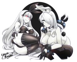  2girls abyssal_ship aircraft_carrier_water_oni armored_boots ass boots bow bowtie breasts cleavage commission gloves kantai_collection large_breasts leotard light_smile long_hair multiple_girls naughty_face one_eye_covered pale_skin playboy_bunny seaport_summer_princess skeb_commission udukikosuke white_hair 