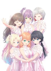  6+girls :d ;d ;o \||/ aqua_eyes black_hair blonde_hair blue_eyes blue_hair bob_cut bow brown_hair clenched_hand closed_mouth colored_inner_hair commentary_request crossed_bangs diagonal_bangs dress frilled_gloves frills fujishima_megumi gloves gradient_dress gradient_hair green_eyes grey_hair grin group_hug hair_bow hair_bun hair_ornament hair_ribbon hairclip hand_on_another&#039;s_shoulder highres hinoshita_kaho hug inverted_bob layered_dress light_blue_hair light_blush link!_like!_love_live! link_to_the_future_(love_live!) long_hair looking_at_viewer love_live! low_twintails medium_hair mole mole_on_neck multicolored_hair multiple_girls murano_sayaka neck_ribbon one_eye_closed open_mouth orange_hair osawa_rurino otomune_kozue outstretched_arm parted_bangs pearl_hair_ornament pink_dress purple_eyes purple_hair red_eyes red_hair ribbon short_hair short_sleeves side_ponytail sidelocks simple_background single_side_bun sleeveless sleeveless_dress smile split_mouth streaked_hair twintails two_side_up v virtual_youtuber white_background white_bow white_dress white_gloves white_ribbon yugiri_tsuzuri yutuki_ame 