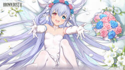  1girl absurdres armpits blue_eyes blue_flower blush bouquet breasts bridal_veil bride brown_dust_2 butterfly_wings collar copyright_name dress elbow_gloves eyebrows_hidden_by_hair flower flower_wreath gloves grey_hair hair_between_eyes head_wreath heterochromia highres insect_wings long_hair looking_at_viewer lying official_art official_wallpaper on_back open_mouth outstretched_arms pantyhose pink_flower red_eyes refithea_(brown_dust) second-party_source small_breasts smile soles solo star-shaped_pupils star_(symbol) symbol-shaped_pupils teeth toes upper_teeth_only veil very_long_hair white_collar white_dress white_flower white_gloves white_pantyhose wings  rating:Sensitive score:9 user:danbooru