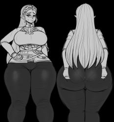 1girl ass ass_grab black_background black_pants breasts butt_crack curvy female_focus fladdykin gloves gluteal_fold grabbing_own_ass highres huge_ass large_breasts long_hair monochrome nintendo pants pantylines pointy_ears princess_zelda sketch solo sweat the_legend_of_zelda the_legend_of_zelda:_breath_of_the_wild thick_thighs thighs tight_clothes tight_pants very_long_hair wide_hips rating:Questionable score:50 user:JustHere4Tits