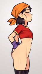  1girl ass bandana black_hair cleft_of_venus crop_top dragon_ball dragon_ball_gt from_side hands_on_own_ass highres light_blush loli loodncrood looking_at_viewer medium_hair navel no_panties no_pants orange_bandana pan_(dragon_ball) pussy solo stomach thighhighs thighs uncensored  rating:Explicit score:209 user:danbooru