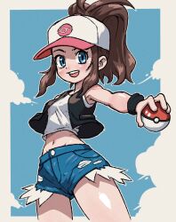  1girl :d absurdres baseball_cap beachepisode black_vest black_wristband blue_eyes blue_shorts brown_hair commentary creatures_(company) day exposed_pocket game_freak happy hat high_ponytail highres hilda_(pokemon) holding holding_poke_ball looking_at_viewer midriff navel nintendo open_clothes open_mouth open_vest outdoors outline poke_ball poke_ball_(basic) pokemon pokemon_bw shirt short_shorts shorts sidelocks sky sleeveless sleeveless_shirt smile solo teeth upper_teeth_only vest white_hat white_shirt 