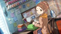  1girl 22/7 22/7_ongaku_no_jikan bow braid brown_eyes brown_hair brown_jacket calendar_(object) closed_mouth clothes_iron desk game_cg hair_bow hair_ribbon high_ponytail highres hood hoodie indoors jacket kerchief kono_miyako lens_flare light_particles long_sleeves looking_at_viewer official_art on_chair one_eye_closed orange_hoodie pen pen_holder pleated_skirt ribbon sewing sewing_machine sitting skirt solo sparkle spool sticky_note window 