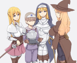 1boy 3girls :d abubu armor blonde_hair blue_eyes bracer breasts breasts_apart brother_and_sister brown_hair cane capelet circlet clenched_hands closed_eyes corset cross cross_necklace habit hair_over_eyes hand_on_hilt hat jewelry long_hair mother_and_son multiple_girls necklace nun open_mouth original rapier sheath sheathed short_hair siblings skirt smile staff sword weapon witch_hat rating:Sensitive score:38 user:danbooru