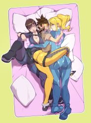 3girls arm_around_waist ass bad_id bad_tumblr_id bed blonde_hair blue_eyes bodysuit breasts brown_eyes brown_hair c-smut-run cleavage crossover fff_threesome girl_sandwich goggles group_sex highres hug huge_ass huge_breasts jill_valentine large_breasts leg_lock leg_wrap looking_at_viewer lying metroid multiple_crossover multiple_girls nintendo on_back on_side open_mouth overwatch overwatch_1 pillow resident_evil resident_evil:_revelations samus_aran sandwiched spooning threesome tracer_(overwatch) yuri zero_suit rating:Sensitive score:140 user:danbooru