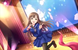 1girl blue_skirt brown_eyes brown_hair game_cg idolmaster idolmaster_cinderella_girls idolmaster_cinderella_girls_starlight_stage loafers microphone mizumoto_yukari monitor official_art open_mouth pantyhose school_uniform shoes skirt solo sparkle stage_lights