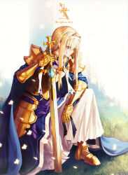  1girl alice_zuberg andi_1021 armor armored_boots armored_dress armored_gloves bad_id bad_pixiv_id blonde_hair blue_eyes boots braid breastplate cape dress english_text gold_armor gold_gloves golden_sword grass hair_intakes hairband highres long_hair on_one_knee pauldrons planted planted_sword planted_weapon shoulder_armor solo sword sword_art_online sword_art_online:_alicization very_long_hair weapon white_hairband 