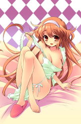  1girl alice_(alice_parade) alice_(miori) alice_parade apron barefoot blush breasts cleavage crossed_legs feet hair_between_eyes highres ito_noizi large_breasts long_hair long_legs matching_hair/eyes miori_(alice_parade) naked_apron orange_eyes orange_hair sitting solo toes very_long_hair  rating:Questionable score:18 user:danbooru