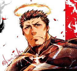  1boy bara black_bodysuit black_hair blush bodysuit facial_hair fire flaming_halo from_below frown halo kano_(kano_to10) large_pectorals looking_at_viewer male_focus muscular muscular_male mustache_stubble pectorals red_background short_hair shy skin_tight solo sparse_stubble stubble suggestive_fluid sweat tokyo_houkago_summoners twitter_username upper_body v-shaped_eyebrows yarofes:2024 zabaniyya_(housamo) 