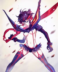  1girl aokamei black_hair black_thighhighs blue_eyes breasts closed_mouth commentary english_commentary highres holding holding_weapon kill_la_kill large_breasts looking_at_viewer matoi_ryuuko multicolored_hair navel over_shoulder revealing_clothes scissor_blade_(kill_la_kill) senketsu short_hair solo suspenders thighhighs underboob weapon weapon_over_shoulder 
