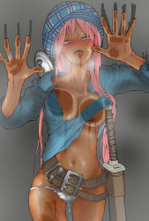 1girl 999knight :p against_fourth_wall against_glass belt blue_eyes breast_press breasts breasts_on_glass cabbie_hat cleavage crazy_eyes fourth_wall glass hair_between_eyes hat lee_ni-je long_hair looking_at_viewer navel nipple_slip nipples park_ssi-yu_daegi pink_hair short_shorts shorts tongue tongue_out window rating:Questionable score:30 user:danbooru