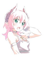  1girl arm_strap bare_shoulders blush breasts choker cropped_torso cross cross_necklace demon_girl demon_horns dress fang green_eyes highres horns jewelry looking_at_viewer medium_hair necklace open_mouth original pink_hair sakuya_(saqu09307728) simple_background small_breasts solo white_background wrist_cuffs 