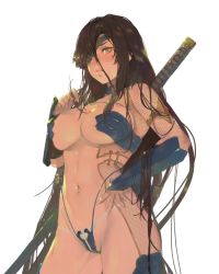  1girl breasts brown_eyes brown_hair character_request cleavage closed_mouth commentary_request cowboy_shot dark-skinned_female dark_skin eyepatch gauntlets highleg highleg_panties impossible_clothes katana large_breasts long_hair mole mole_under_eye navel original panties revealing_clothes sheath sheathed simple_background solo standing sword take_no_ko_(dodon) underboob underwear warrior weapon white_background 