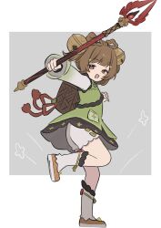 1girl absurdres bell bloomers bow-shaped_hair brown_eyes brown_hair dress full_body genshin_impact green_dress hair_bell hair_ornament highres holding holding_polearm holding_weapon leg_up long_sleeves looking_at_viewer open_mouth polearm simple_background solo spear staff_of_homa_(genshin_impact) two-tone_background underwear weapon white_bloomers yanfeikawaii yaoyao_(genshin_impact) 