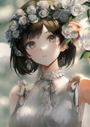  1girl adjusting_hair bare_shoulders black_hair blurry blurry_background closed_mouth commentary day earrings expressionless flower grey_eyes hair_flower hair_ornament highres holding holding_flower jewelry light_blush looking_at_viewer myoushun original outdoors rose shirt short_hair sleeveless sleeveless_shirt solo standing symbol-only_commentary tiara upper_body white_flower white_rose white_theme  rating:General score:5 user:danbooru