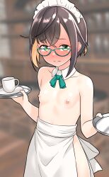  1girl alternate_costume aqua-framed_eyewear black_hair blush breasts closed_mouth colored_inner_hair cowboy_shot cup detached_collar enmaided full-face_blush furaggu_(frag_0416) glasses green_eyes hair_between_eyes highres holding holding_tray kantai_collection maid maid_headdress multicolored_hair nipples okinami_(kancolle) short_hair small_breasts solo tray 