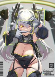  1girl arm_up black_leotard black_sleeves breasts cleavage closed_mouth collarbone commentary_request detached_sleeves finger_frame gloves grey_gloves grey_hair grey_thighhighs groin hair_between_eyes hand_up headgear highres large_breasts leotard long_hair long_sleeves looking_at_viewer mecha_musume natori_youkai one_eye_closed original puffy_long_sleeves puffy_sleeves solo thighhighs very_long_hair yellow_eyes 