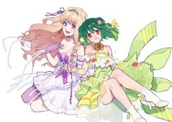  2girls absurdres arm_strap bare_shoulders blonde_hair blue_eyes blunt_bangs blush breasts chiyomaru_(yumichiyo0606) choker cleavage closed_mouth collarbone commentary dress dress_flower earrings floating_hair flower frilled_skirt frilled_straps frills gloves green_dress green_hair hair_flower hair_ornament hair_ribbon high_heels highres holding_hands interlocked_fingers jewelry large_breasts long_hair looking_at_viewer macross macross_frontier macross_frontier:_toki_no_meikyu medium_hair multiple_girls open_mouth pink_choker purple_dress purple_gloves purple_ribbon ranka_lee red_eyes ribbon ribbon_choker sheryl_nome single_earring sitting skirt strapless strapless_dress symbol-only_commentary thigh_strap two-tone_dress white_background white_dress white_ribbon yellow_ribbon yokozuwari 
