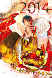  10s 1boy 2014 black_hair brown_hair dragon eastern_dragon freckles happy_new_year highres holiday jippei jolly_roger male_focus mofumura new_year one_piece over_shoulder pirate portgas_d._ace red_eyes sandals sleeveless tattoo yellow_eyes  rating:Sensitive score:5 user:ezailo