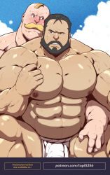  2boys abs absurdres alex_louis_armstrong bald bara beard black_hair blonde_hair blue_eyes blush bulge couple facial_hair foreplay full_beard fullmetal_alchemist hand_on_another&#039;s_thigh highres huge_pectorals looking_to_the_side male_focus mature_male multiple_boys muscular muscular_male mustache navel nipples paid_reward_available sig_curtis smile stomach strongman_waist thick_beard thick_eyebrows thick_thighs thighs topi_(topi5356) veins veiny_arms 