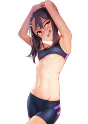 1girl :d absurdres armpits arms_up ataruman bike_shorts black_hair blush breasts commentary_request fang gesugao groin hair_ornament hairclip highres ijiranaide_nagatoro-san long_hair looking_at_viewer nagatoro_hayase navel one-piece_tan open_mouth orange_eyes simple_background skin_fang small_breasts smile solo sports_bra stomach sweat tan tanline uneven_eyes white_background  rating:Sensitive score:281 user:danbooru