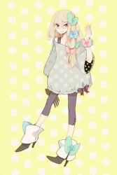  1boy afuro_terumi androgynous black_footwear blonde_hair bow closed_mouth crossdressing footwear_bow full_body grey_shirt hair_bow hand_up high_heels inazuma_eleven_(series) inazuma_eleven_go l_hakase leggings long_hair male_focus orange_eyes polka_dot polka_dot_background polka_dot_shirt red_eyes ribbon shirt smile solo standing trap wide_sleeves yellow_background 