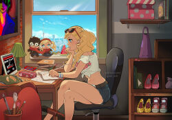  1girl amamiya_ren bag bare_legs belt blonde_hair blue_eyes blue_shorts book breasts brick_wall brown_belt chair chips_(food) crossed_legs cutoffs day denim denim_shorts desk earphones eyewear_on_head food from_side fruit goro_orb highres indoors lamp left-handed lofi_girl_(youtube) medium_breasts midriff navel open_book paintbrush paper parted_lips persona persona_5 picture_frame red-framed_eyewear shelf shirt shoes short_shorts shorts sitting solo stomach studying stuffed_toy sunglasses tablet_pc takamaki_anne thighs tied_shirt twintails watermelon watermelon_slice wavy_hair white_shirt window writing 