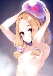 1girl absurdres armpits arms_up bare_shoulders blonde_hair blue_hair blush breasts closed_mouth collarbone completely_nude earrings eyes_visible_through_hair female_focus fingernails forehead hair_ornament hands_up highres jewelry ke-ta loli looking_at_viewer multicolored_hair nail_polish nipples nude orange_eyes pink_hair pink_nails purple_background short_hair simple_background slime_(creature) small_breasts solo standing steam tamatsukuri_misumaru touhou wet rating:Questionable score:92 user:danbooru