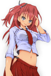  1girl adjusting_hair asou_yuma black_panties blue_eyes blush hand_in_own_hair highres long_hair midriff navel naz_(garyuuya) necktie open_clothes open_fly open_skirt original panties red_hair school_uniform shirt side_ponytail simple_background skirt smile solo taut_clothes taut_shirt underwear unzipped  rating:Questionable score:51 user:danbooru