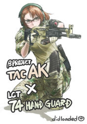  1girl aiming ak-102 ak-74 assault_rifle brown_hair camouflage didloaded ear_protection english_text gloves gun headset kalashnikov_rifle magazine_(weapon) military_operator original reloading rifle safety_glass short_hair sleeves_rolled_up solo trigger_discipline weapon  rating:Sensitive score:4 user:danbooru