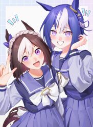  2girls animal_ears bow brown_hair cesario_(umamusume) highres horse_ears horse_girl horse_tail horseshoe_ornament long_sleeves looking_at_viewer multicolored_hair multiple_girls open_mouth pleated_skirt pointing pointing_up purple_bow purple_eyes purple_hair purple_shirt purple_skirt sailor_collar sailor_shirt school_uniform shirt short_hair simple_background skirt smile special_week_(umamusume) tail tamayume teeth tracen_school_uniform umamusume white_background 
