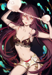  1girl bangs bra breasts cleavage flower-shaped_pupils genshin_impact ghost gradient_hair hair_between_eyes highres hu_tao lingerie long_hair medium_breasts multicolored_hair open_mouth panties pulling red_hair red_panties salmon88 shorts solo tassel tongue tongue_out twintails underwear yellow_pupils 