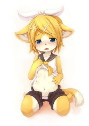  1girl animal_ears animal_hands bare_shoulders barefoot blonde_hair blue_eyes blush breasts claws covered_erect_nipples extra_breasts feet furry furry_female hair_ornament hairclip kagamine_rin kagerofu loli navel nipples open_mouth panties pregnant seiza short_hair sidelocks sitting small_breasts solo tail tears toes underwear vocaloid white_panties  rating:Questionable score:90 user:Wolf-and-Spice