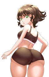  1girl absurdres annoyed ass bare_shoulders barefoot bike_shorts black_shorts breasts brown_hair buttercup_(ppg) cameltoe cjhomics from_behind from_below green_eyes highres huge_ass looking_back looking_down looking_to_the_side parted_lips powerpuff_girls shiny_skin short_hair short_shorts shorts sideboob solo sports_bra  rating:Sensitive score:124 user:armorcrystal