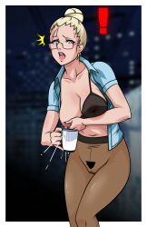  1girl absurdres wide_hips black_pubic_hair blonde_hair bra breast_milking breasts cleft_of_venus coffee_mug courtney_collins cup exclamation_mark falcon-creative glasses hair_bun highres lace lace_bra lactation large_breasts leggings metal_gear_(series) metal_gear_rising metal_gear_rising:_revengeance milk milking milking_breasts mug nipples office_lady one_breast_out pantyhose projectile_lactation puffy_nipples pussy see-through shirt solo spilling squeezing_nipples sweat transparent unbuttoned unbuttoned_shirt underwear wide_hips 