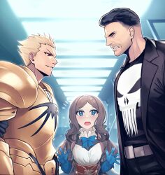  1girl 2boys armor artistic_error black_hair blonde_hair blue_gloves blush bow breasts brown_hair commission crossover dynamitenatalia extra_digits fate/grand_order fate_(series) forehead gilgamesh_(fate) gloves highres leonardo_da_vinci_(fate) leonardo_da_vinci_(fate/grand_order) leonardo_da_vinci_(rider)_(fate) long_hair marvel multiple_boys open_mouth parted_bangs petite pixiv_commission puff_and_slash_sleeves puffy_short_sleeves puffy_sleeves punisher red_eyes short_hair short_sleeves small_breasts smile the_punisher type-moon 