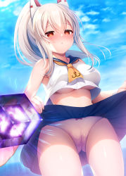 1girl absurdres ayanami_(azur_lane) azur_lane blonde_hair blue_sailor_collar blue_skirt blue_sky blush breasts cameltoe clothes_lift commentary_request crop_top hair_between_eyes hair_ornament heart heart-shaped_pupils highres horizon hypnosis lifting_own_clothes long_hair looking_at_viewer medium_breasts wisdom_cube_(azur_lane) mind_control noukatu ocean panties parted_lips pink_panties ponytail red_eyes sailor_collar school_uniform serafuku sidelocks skirt skirt_lift sky solo standing symbol-shaped_pupils thighs underboob underwear rating:Questionable score:100 user:danbooru