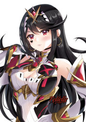  1girl alternate_eye_color alternate_hair_color black_hair breasts chest_jewel cleavage cleavage_cutout clothing_cutout detached_sleeves facial_mark felielle heart large_breasts long_hair mythra_(xenoblade) red_eyes simple_background tagme tiara very_long_hair white_background xenoblade_chronicles_(series) xenoblade_chronicles_2  rating:Sensitive score:9 user:danbooru
