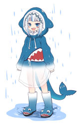  1girl :d animal_costume animal_hood blue_eyes blue_footwear blue_hair blue_hoodie blunt_bangs blush_stickers boots fins fish_tail flat_chest full_body gawr_gura gawr_gura_(1st_costume) gradient_footwear gradient_hoodie hololive hololive_english hood hood_up hoodie itamochi looking_at_viewer multicolored_hair open_mouth puddle rain rubber_boots see-through shark_costume shark_girl shark_hood shark_print shark_tail sharp_teeth sidelocks simple_background sleeves_past_wrists smile solo standing stitches streaked_hair tail teeth virtual_youtuber water white_background white_footwear white_hair white_hoodie 